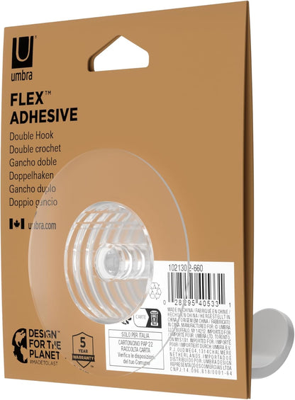 Umbra Flex Adhesive Double-Hook for Bathroom Shower Tub, Holds Towels, Washcloths, Loofahs, Razor, and More, White