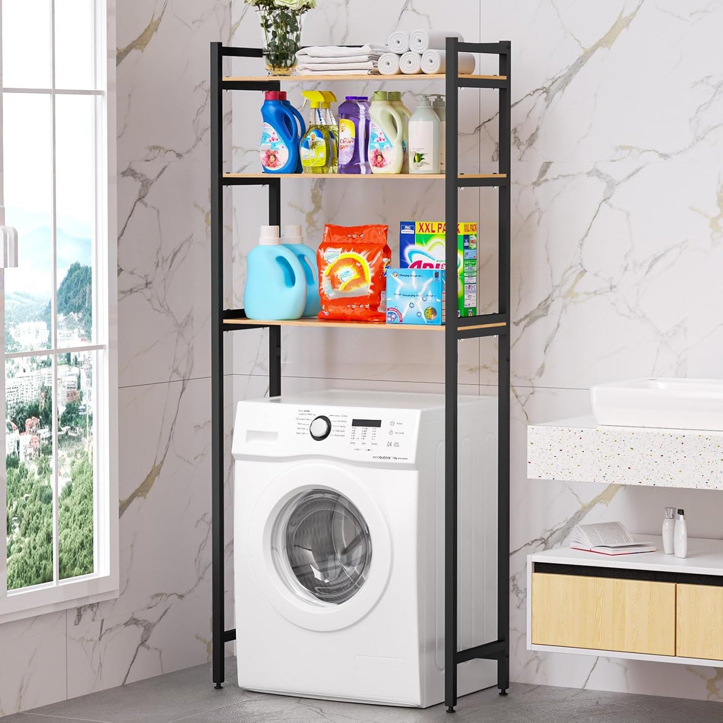 Over The Washer and Dryer Storage Shelf, 3-Tier Floor-Standing Storage Rack Metal Utility Organizer for Laundry Room Bathroom Kitchen