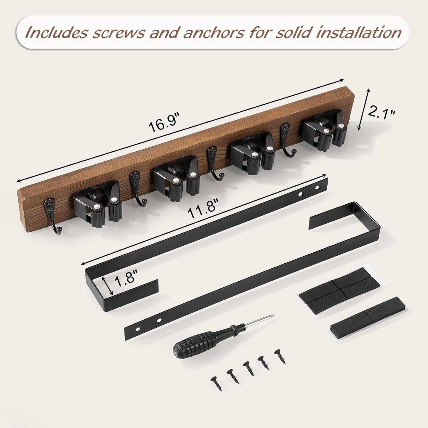 OUTNILI Over the Door Broom and Mop Holder, Wood Broom Organizer with 4 Slots and 4 Hooks, No Drilling Door Mount Tool Rack for Laundry Room, Garage, Closet, Kitchen, Rustic Cleaning Tool Storage