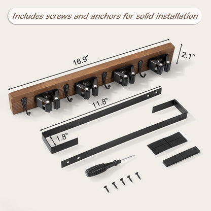 OUTNILI Over the Door Broom and Mop Holder, Wood Broom Organizer with 4 Slots and 4 Hooks, No Drilling Door Mount Tool Rack for Laundry Room, Garage, Closet, Kitchen, Rustic Cleaning Tool Storage