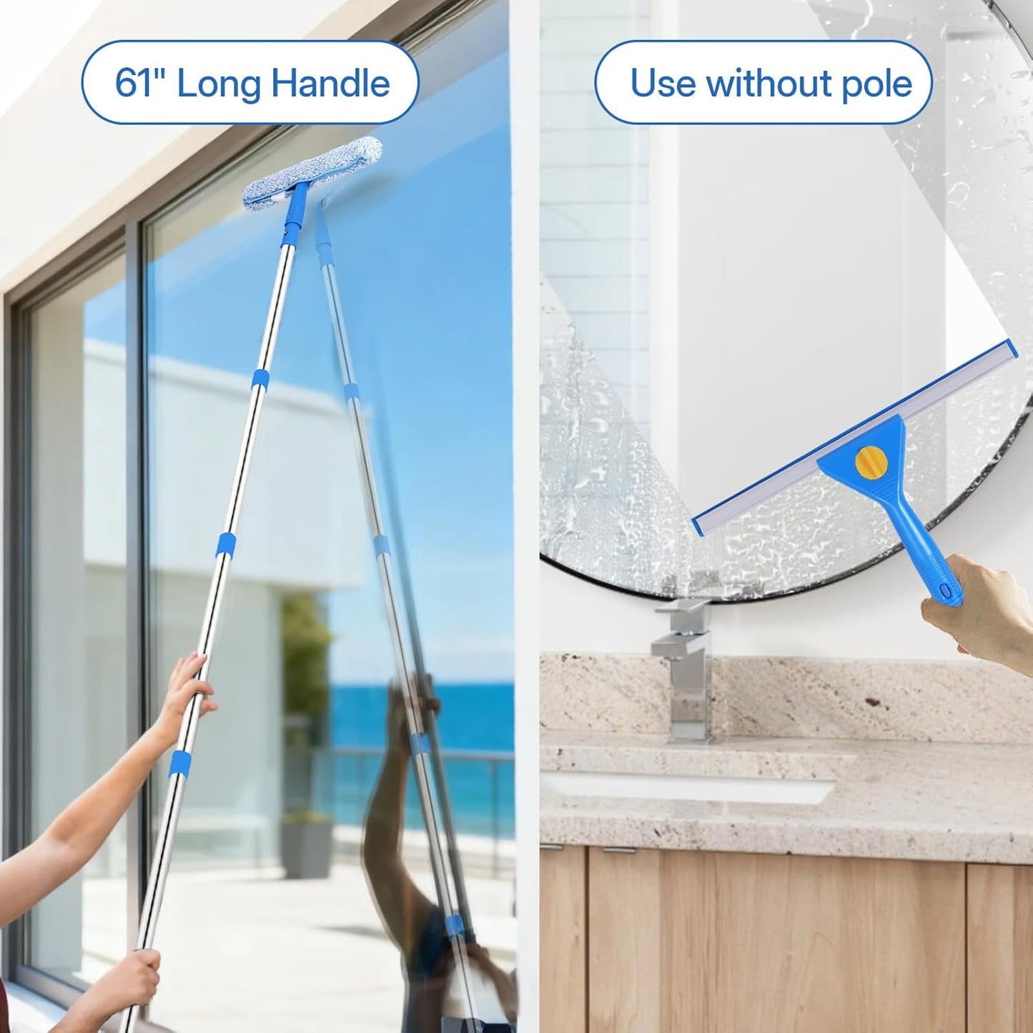 Window Cleaning Kit with Collapsible Bucket 3 Gallon, 14" Window Squeegee and 15" Scrubber with 61" Long Handle, Professional Window Washing Kit Cleaner Tool for Home Outdoor Office Commercial Use