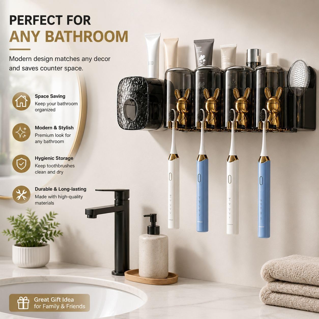 HIENIXA Toothbrush Holders for Bathrooms Wall Mounted Toothbrush Holder with 4 Large Storage Slot Tooth Brush Holder 4-Cup