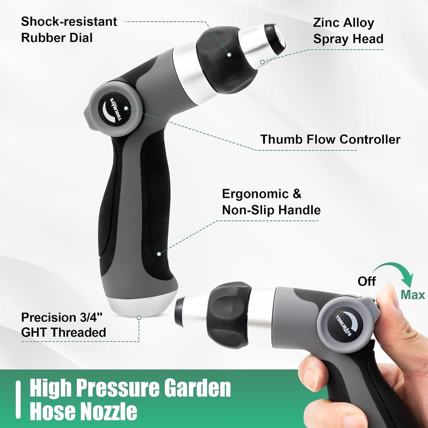 Garden Hose Nozzle - Heavy Duty Water Hose Sprayer with 8 Spray Patterns, Dia 90mm Thumb Control On/Off Valve, Durable Zinc Alloy Body for Lawn, Car & Pet Cleaning