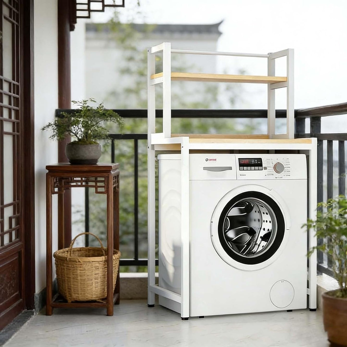 Over The Washer Storage Shelf, Space-Saving Laundry Organizer, Sturdy Metal Frame with Natural Wood Shelves, No Drilling, Ideal for Laundry Room, Bathroom, Balcony(White,Two Layers)