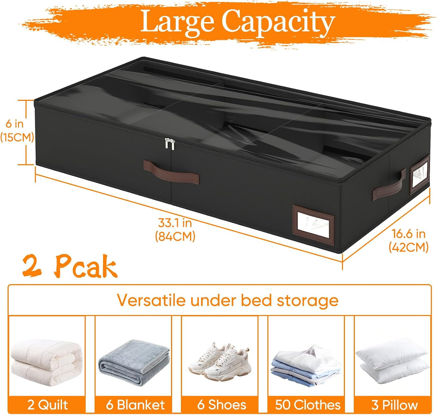 OIAHOMY 2 Pack 53L Under Bed Storage with Adjustable Dividers, 6" Low Profile Underbed Storage Bins for Comforters & Clothes, Save Closet Space with Clear View Lid & Reinforced Handles, Grey