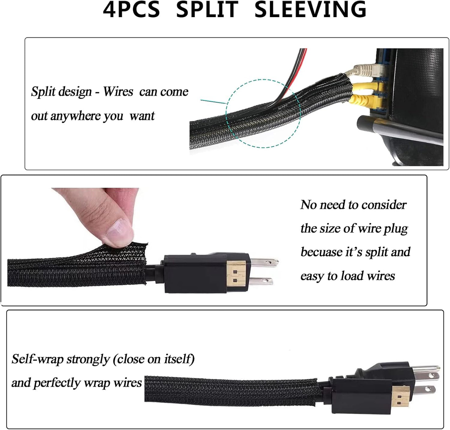White Cable Management Organizer Kit 4 Cable Sleeve Split 311Pcs | 47Cable Clips 12Cord Clips Holder,22 Cable Ties, 20 adhesive Wall cable Tie, 200Fasten Cable Ties for TV Electronics