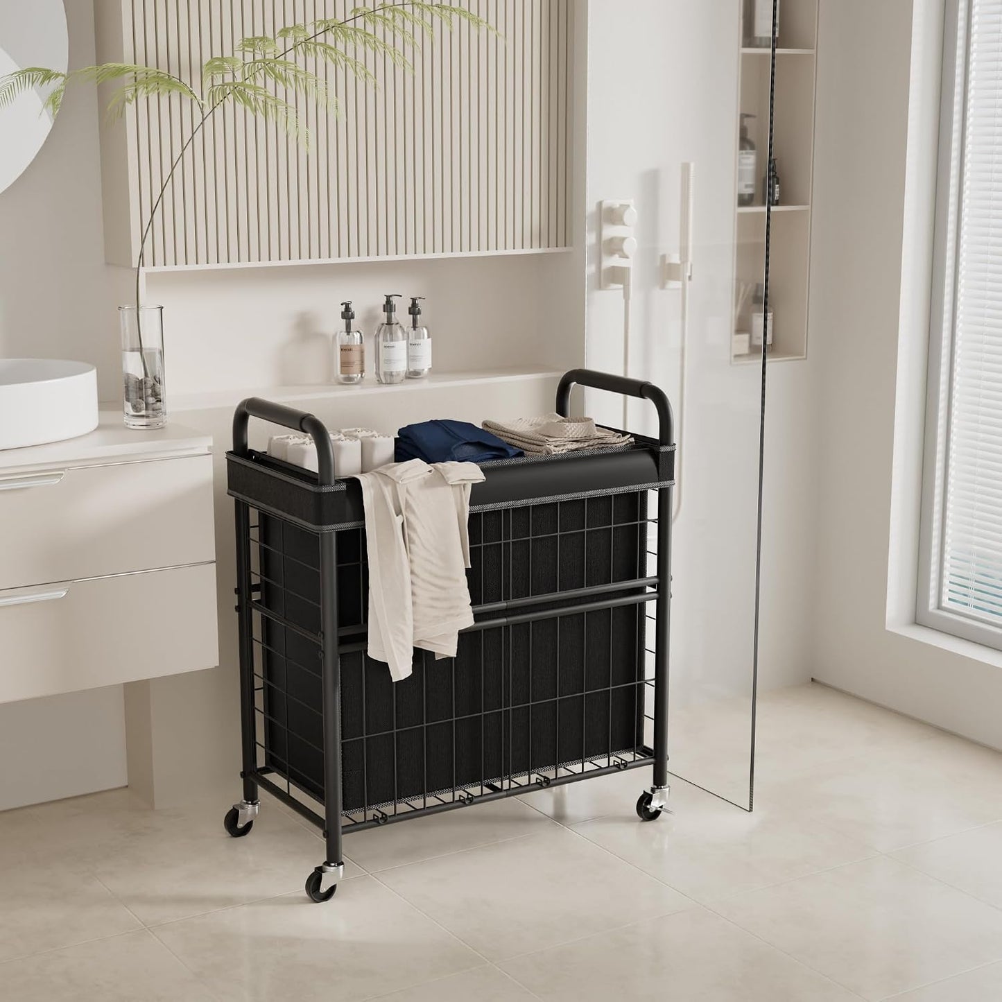 Laundry Hamper 3 Section, 145L Rolling Laundry Sorter Basket with Wheels, 3 Compartment Clothes Organizer Cart, Pull-Out Removable Bags for Laundry Room, Bathroom, Bedroom, White
