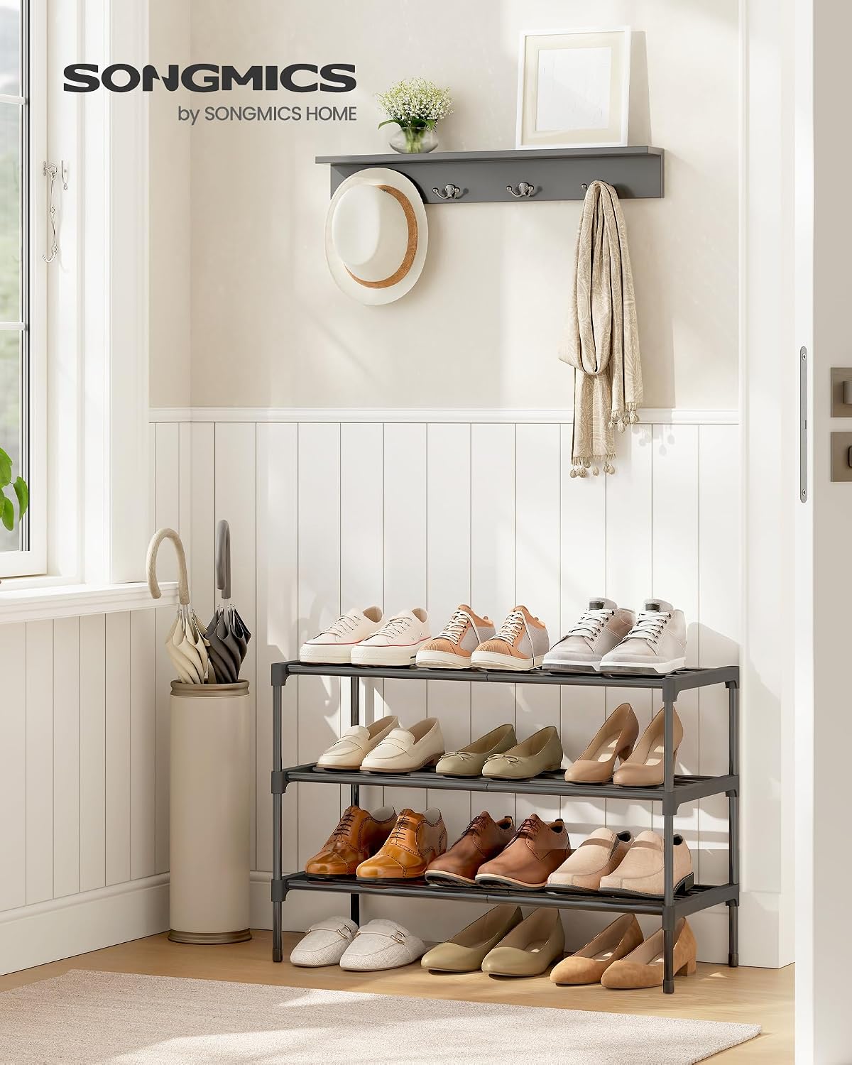 SONGMICS 2-Tier Shoe Rack for Closet, Compact Metal Shoe Organizer Shelf for Entryway, Bedroom, Small Spaces, Stackable, 11.8 x 24.5 x 12.2 Inches, Black ULSA122BH01