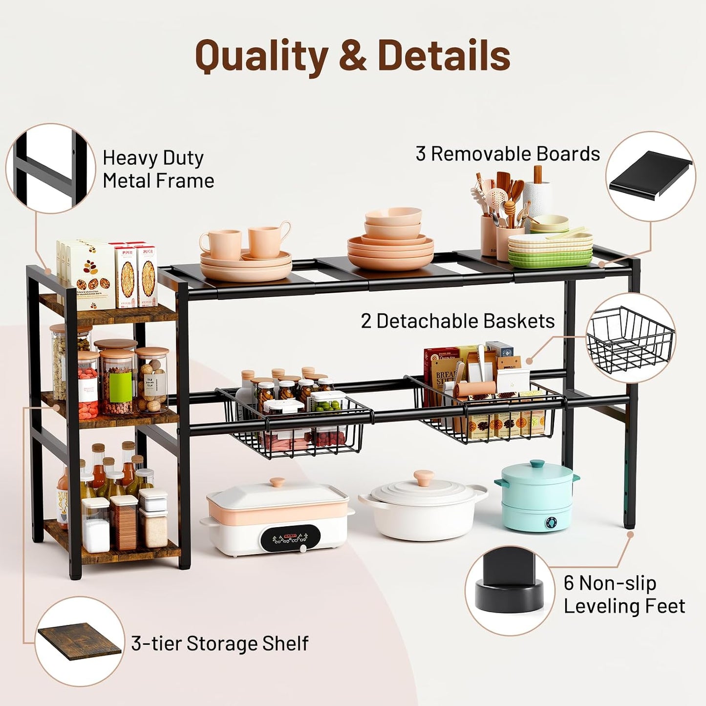 Housolution Expandable Under Sink Cabinet Organizer Rack and Storage Shelf | 24"-37.8" Expandable Length, 3-Tier Side Wooden Shelves, Height Adjustable for Kitchen Bathroom