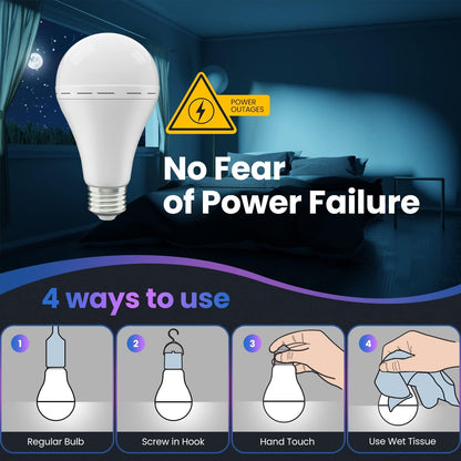 Emergency Rechargeable Led Light Bulb with Hook,Stay Lights Up When Power Failure, 1500mAh 12W 60W Equivalent LED Light Bulbs for Home, Camping, Hiking, 4 Pack