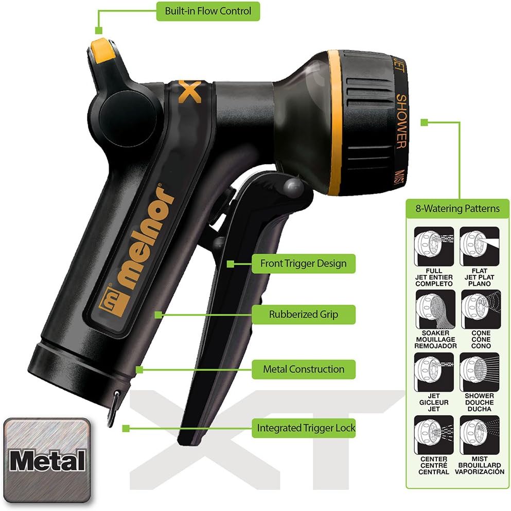 Melnor 65020-AMZ Metal Multi-Pattern Hose Nozzle with Rear Trigger Grip, 7 Spray Patterns, Heavy-Duty Metal Construction, Quick Connect Adapter, Black, Orange