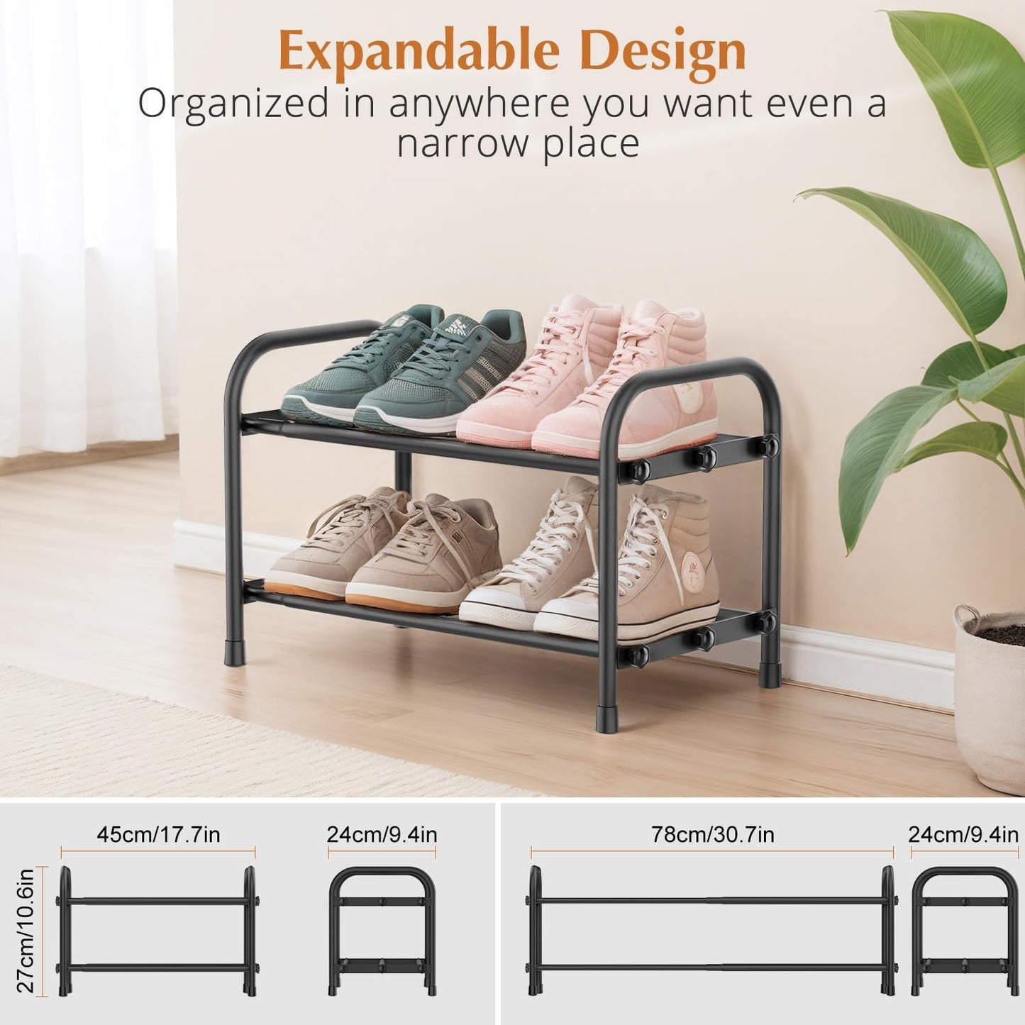INSMART 3-Tier Expandable Shoe Rack, Stackable and Adjustable Shoes Organizer Storage Shelf, Sturdy and Durable Metal Structure Free Standing Shoe Rack for Closet Entryway Doorway