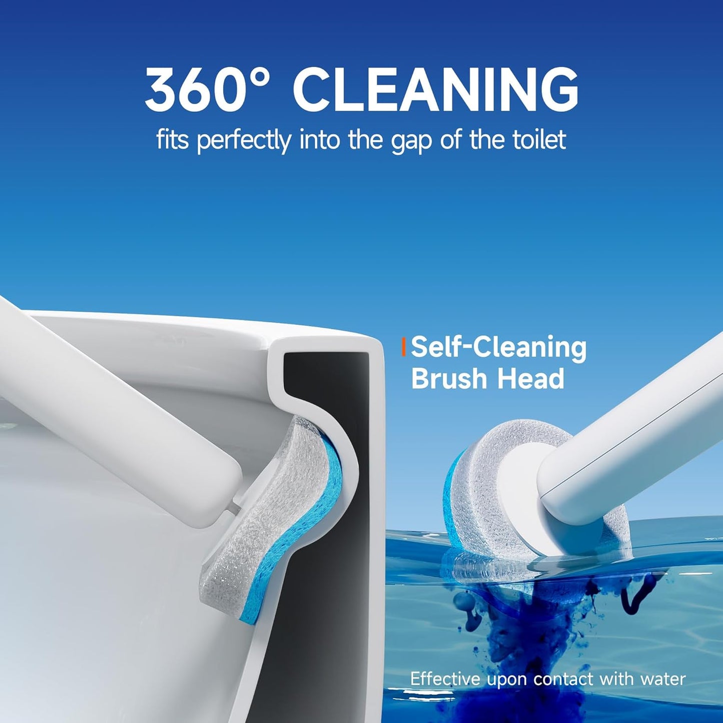 Disposable Toilet Brush and Holder Set - Hands-Free Eject Sponge Toilet Wand with Floor Standing Caddy, Secure-Lock Hangable Toilet Scrubber