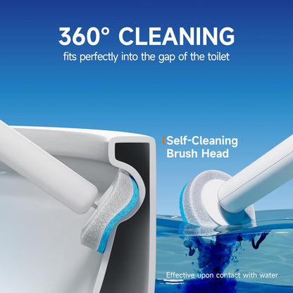 Disposable Toilet Brush and Holder Set - Hands-Free Eject Sponge Toilet Wand with Floor Standing Caddy, Secure-Lock Hangable Toilet Scrubber