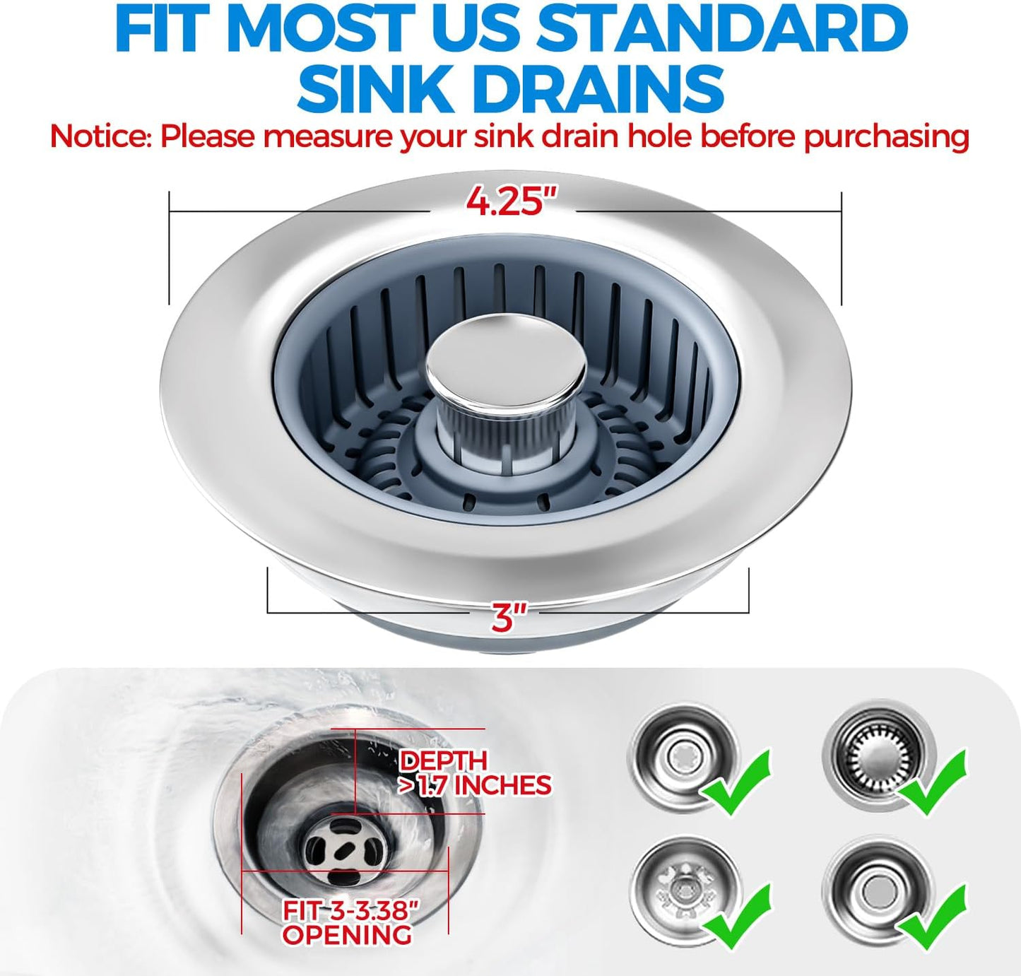Sink Drain Strainer - Sink Stopper Kitchen Drain, 3 in 1 Kitchen Sink Drain Strainer with Anti-Clogging Basket, Kitchen Gadgets Clearance Sink Accessories, Fit US Standard 3-1/2'' Sink Hole, Silver