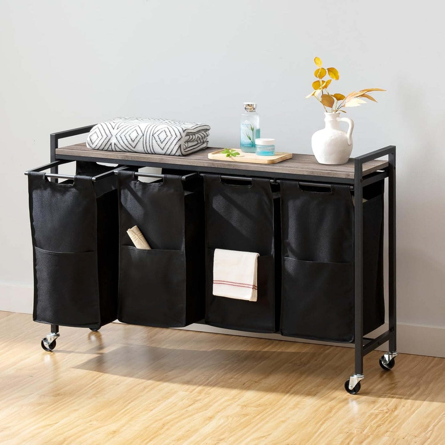 HOOBRO Laundry Sorter 4 Sections, Laundry Hamper with Wheels, 4 × 10.5 Gal (40 L), Rolling Laundry Basket, Pull-Out and Removable Oxford Fabric Bags, Rustic Brown and Black BF04XY01