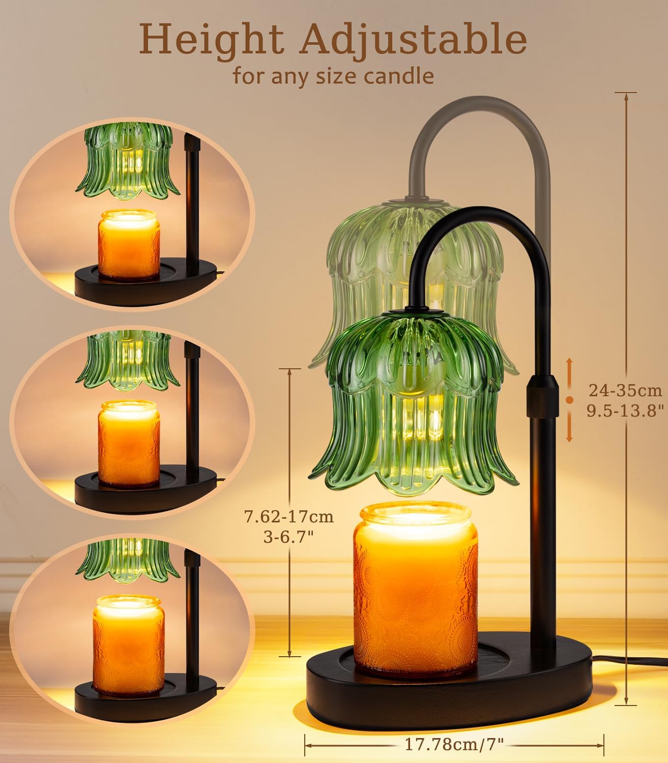 Candle Warmer Lamp with Timer - Electric Candles Wax Warmers Glass Lamps for Jar Candles Burner Adjustable Height and Dimmable Light Modern No Flame Scented Candle Warming Lantern, Amber