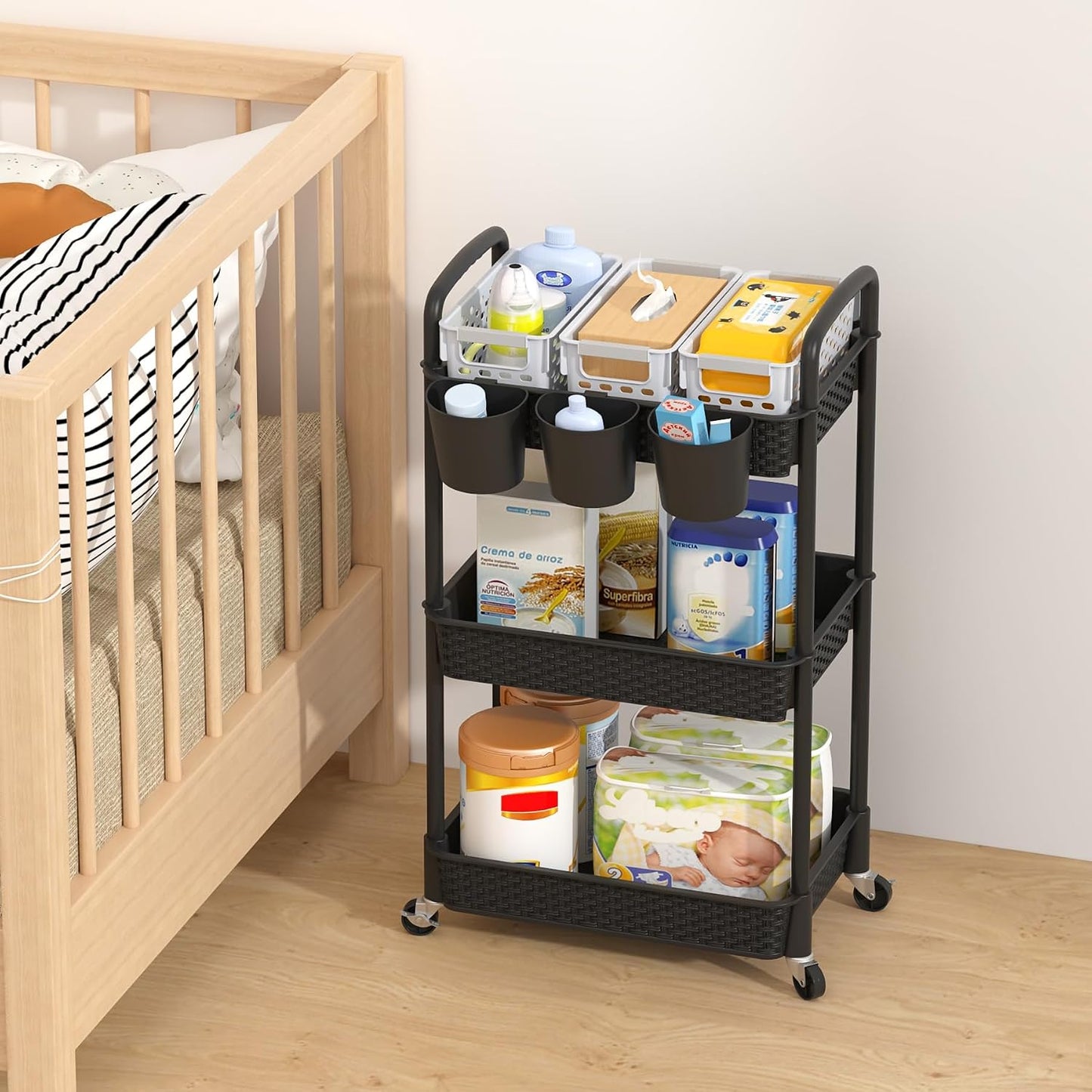 MOYIPIN 3-Tier Plastic Rolling Utility Cart with Handle,Utility Storage Cart for Office, Living Room, Kitchen,Movable Storage Organizer Shelves,White