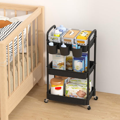MOYIPIN 3-Tier Plastic Rolling Utility Cart with Handle,Utility Storage Cart for Office, Living Room, Kitchen,Movable Storage Organizer Shelves,White