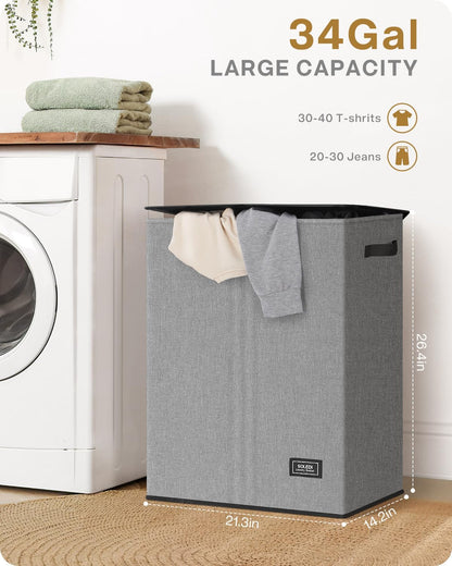 SOLEDI Luxury Double Laundry Hamper with Lid and Removable Bags, 38.3 Gal Large Laundry Bin, Laundry Basket 2 Sections, Collapsible Clothes Hamper for Bedroom, Laundry Room, Bathroom, Off-white