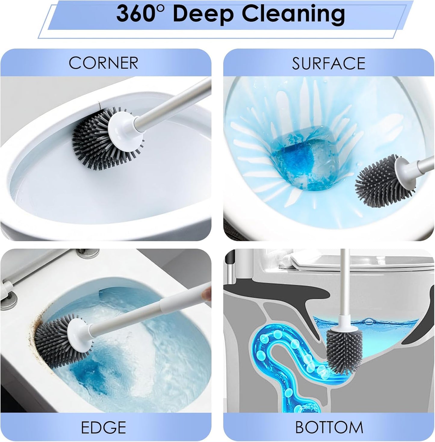 Toilet Cleaner Brush, Silicone Toilet Brush+Pumice Stone for Toilet Cleaning, with Non-Slip Long Handle, Wall Mounted/Floor Standing, Toilet Brush Set for Bathroom RVs