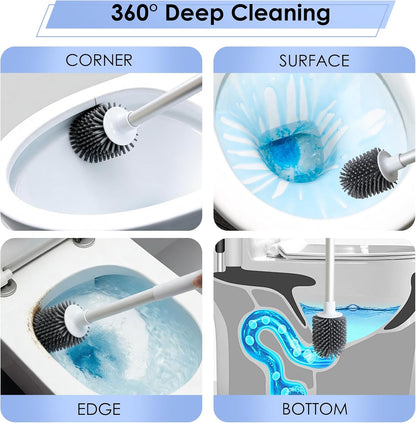 Toilet Cleaner Brush, Silicone Toilet Brush+Pumice Stone for Toilet Cleaning, with Non-Slip Long Handle, Wall Mounted/Floor Standing, Toilet Brush Set for Bathroom RVs