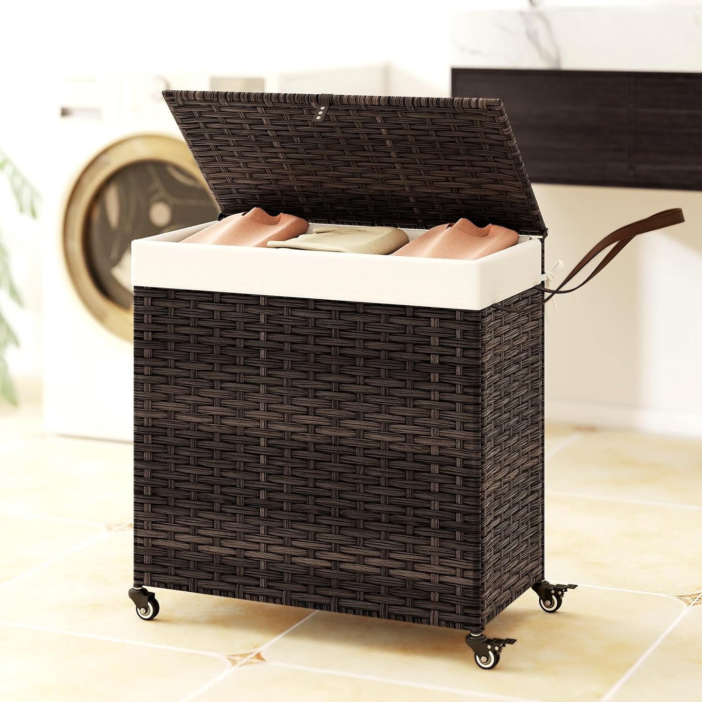 Giantex Laundry Hamper w/Wheels, 3 Section Hamper 125L w/2 Removable Liner Bags, Handwoven Rattan Divided Laundry Basket w/Lid and Handle for Laundry Sorter for Bathroom Bedroom (Brown)