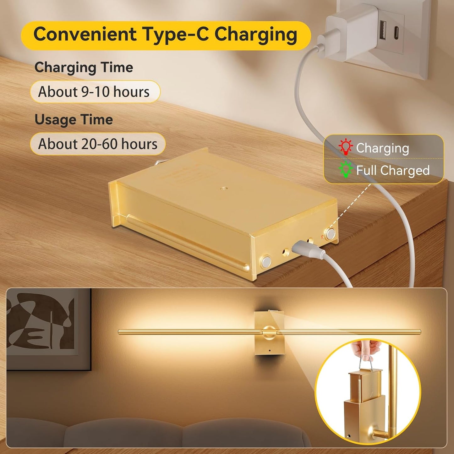 Ouyulong Battery Operated Wall Sconces Set of 2, 10000mAh Wireless Rechargeable 3000-6000K Dimmable 350° Rotate Wall Light with Remote for Living Room, Bedroom 31.6in Black