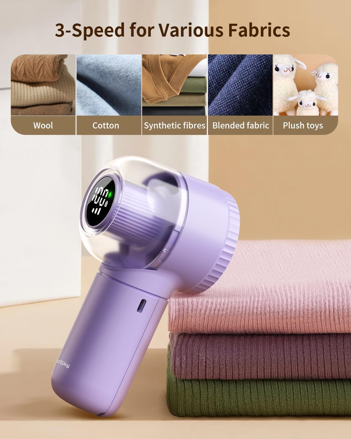 Fabric Shaver, 𝟮 𝗶𝗻 𝟭 Rechargeable Lint Remover with Brush, Large Sweater Shaver with Digital Display, 3 Speeds Lint Shaver, 6-Leaf Blades Lint Remover for Clothes, Sofa, Bedding, White