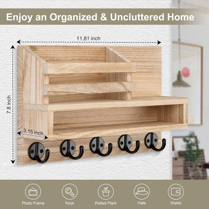 Key and Mail Holder Wall Mount, Key Hanger with Long Storage Box and 5 Hooks for Coat, Dog Leash, Home Decor Rack, House Accessories, Entry Way Organizer 11.8”W x 7.8”H x 3.2”D