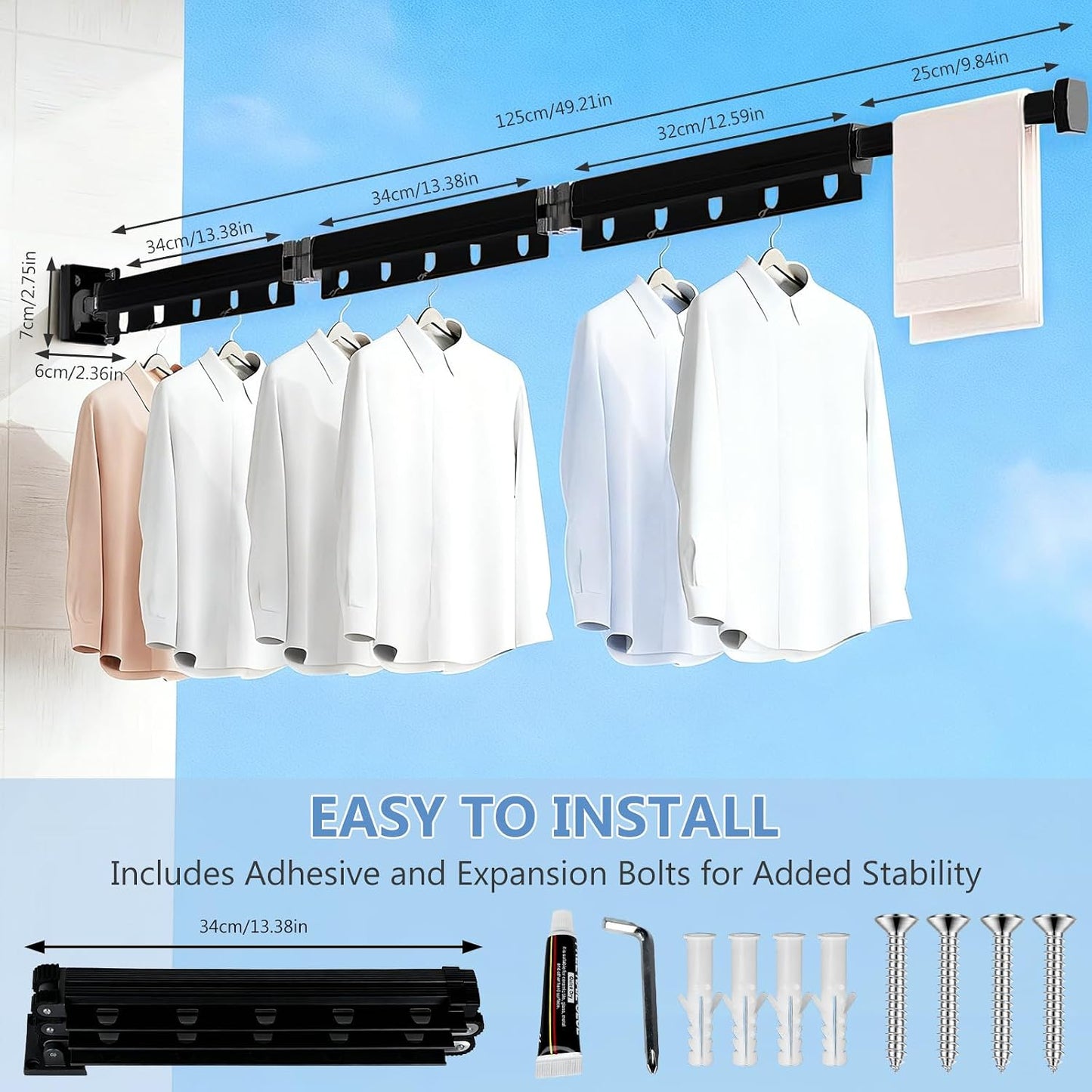 Clothes Drying Rack Wall Mounted with Suction Cup, Drying Racks for Laundry | 3-Fold Laundry Hanger Dryer Rack Space Saver, Retractable Laundry Rack for Mudroom, Wardrobe, Bathroom & Balcony
