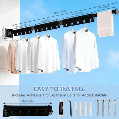 Clothes Drying Rack Wall Mounted with Suction Cup, Drying Racks for Laundry | 3-Fold Laundry Hanger Dryer Rack Space Saver, Retractable Laundry Rack for Mudroom, Wardrobe, Bathroom & Balcony