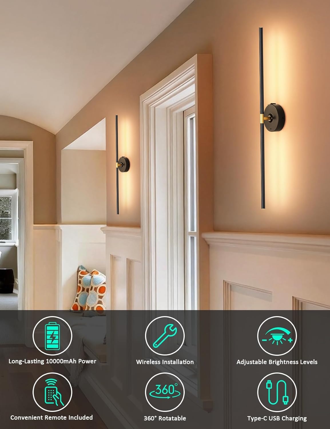 Battery Operated Wall Sconces Set of 2: 10000mAh Rechargeable Wall Lights for Living Room, Dimmable LED Wireless Wall Lamp 360° Rotate Modern Home Decor for Bedroom Hallway Picture Lighting Bathroom