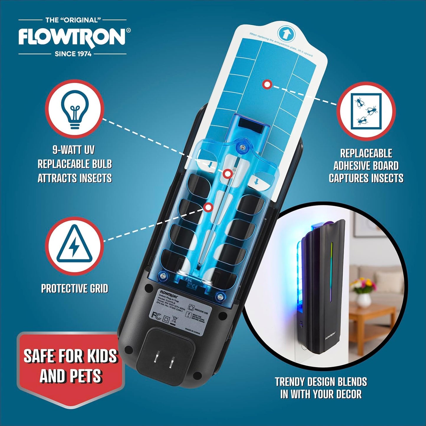 Flowtron Indoor Plug-in Fly Trap, 9W UV Light Electric Insect Trap with Adhesive Board – Silent Mosquito, Gnat & Fruit Fly Catcher, 375 Sq Ft Coverage (Black)