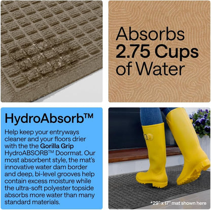 GORILLA GRIP® Ultra Absorbent Front Door Mat Outside Entrance, Traps Dirt and Moisture, HydroABSORB Indoor Outdoor Doormat Holds Up to 1.7 Cups Water, Stain and Fade Resistant Welcome Mat, 29x17 Black