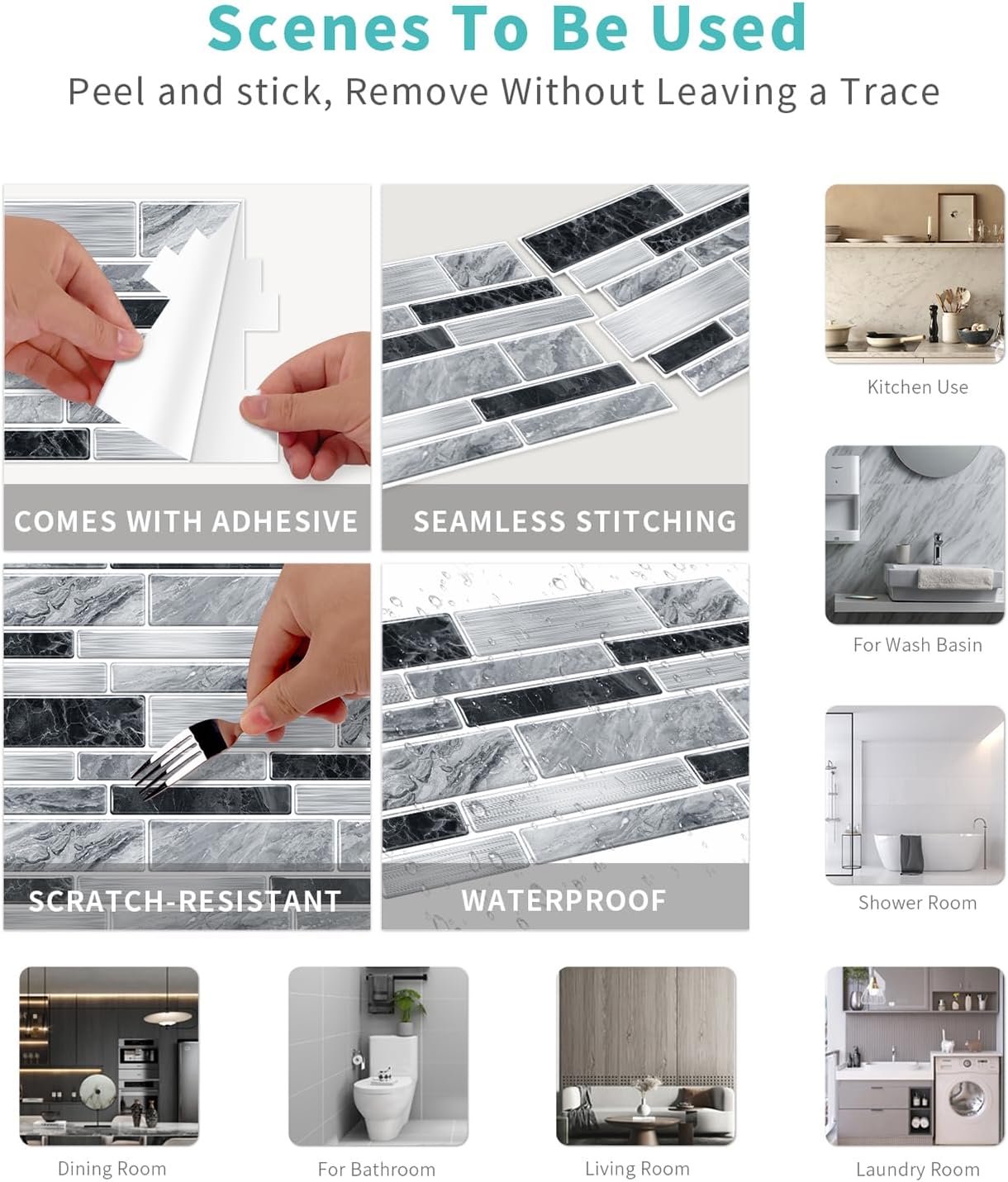 Heikki Peel-and-Stick Self-Adhesive Wall Tiles, 4.7×9.7-inch Kitchen & Bathroom Splashback Tiles, Marble Pattern Design (48-Piece Set) (Black-Gray)