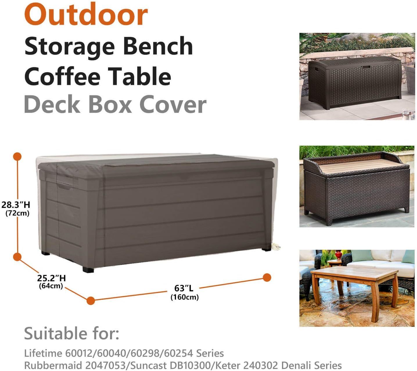 Patio Deck Box Cover, 63x30 Inch Fire Pit Covers with Straps and Handles, Waterproof Heavy Duty Outdoor Furniture Winter Cover for Keter, Suncast, Lifetime Container
