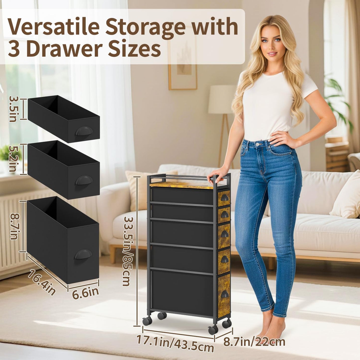 LASZOLA 5 Drawer Narrow Dresser Slim Cabinet Skinny Storage Tower Chest, Ideal for Small Spaces Bathroom, Between Washer and Dryer, Lightweight Mobile on Wheels, Sturdy Fabric Drawers, Black