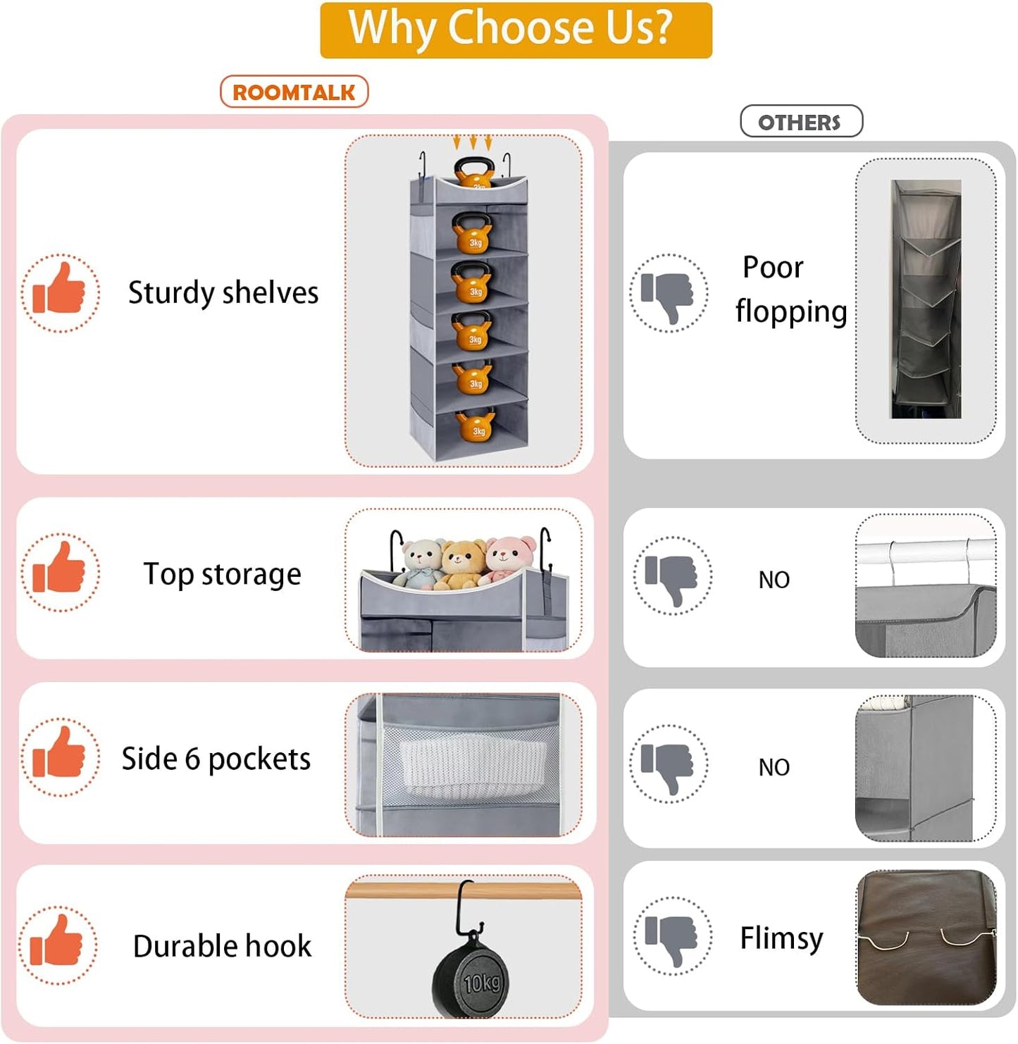 4-Shelf Hanging Closet Organizer and Storage with 4 Side Pockets, Collapsible Closet Hanging Shelves for Storage, Grey