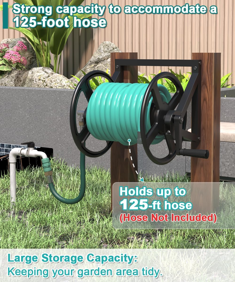 Artigarden Garden Hose Reel Wall Mounted, Outdoor Heavy Duty Powder Coated Metal Water Hoses Holder Winder Holds 125 ft 5/8" Hoses with 3.9ft Leader Hose, Stainless Steel Connector for Outside, Black