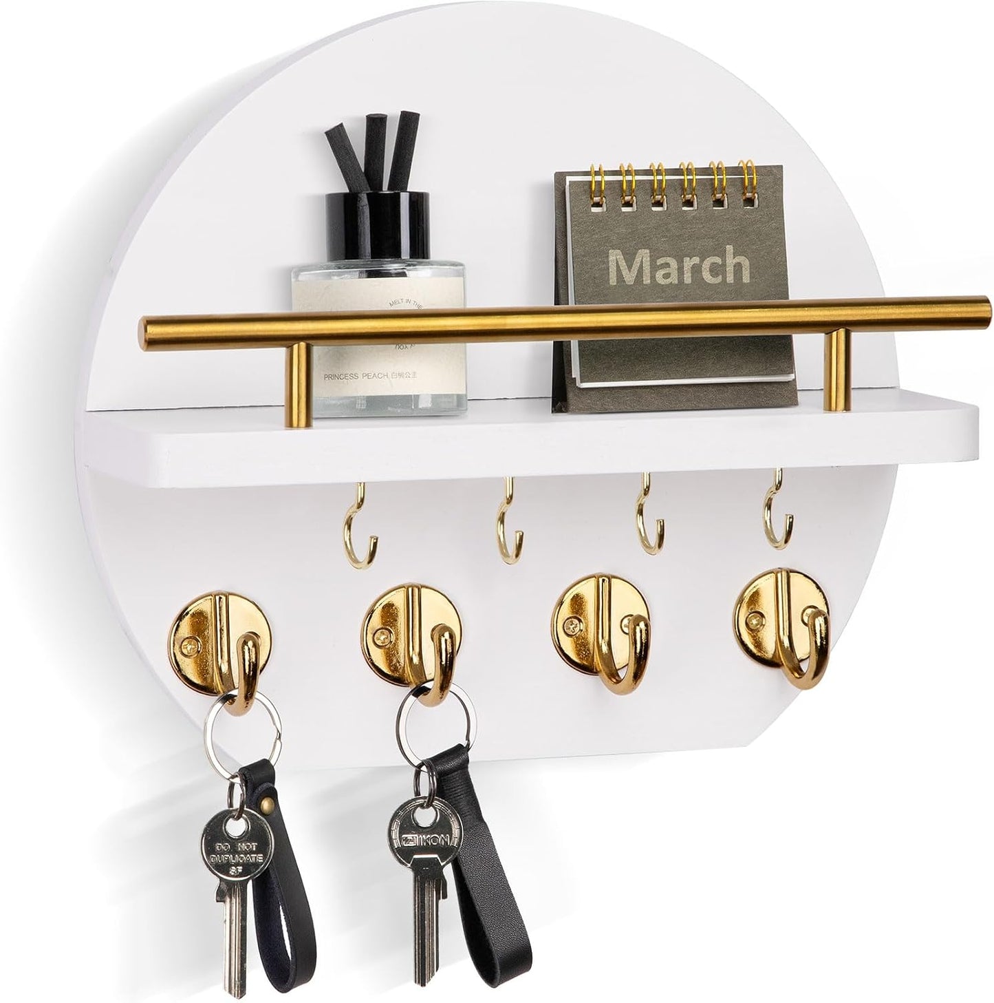Nekon Key Holder for Wall - 9.8 Inch Apartment Wall Decor with Shelf and 8 Key Hooks, Circular Wood Key Hanger for Home Decor (Black with Golden Hooks)