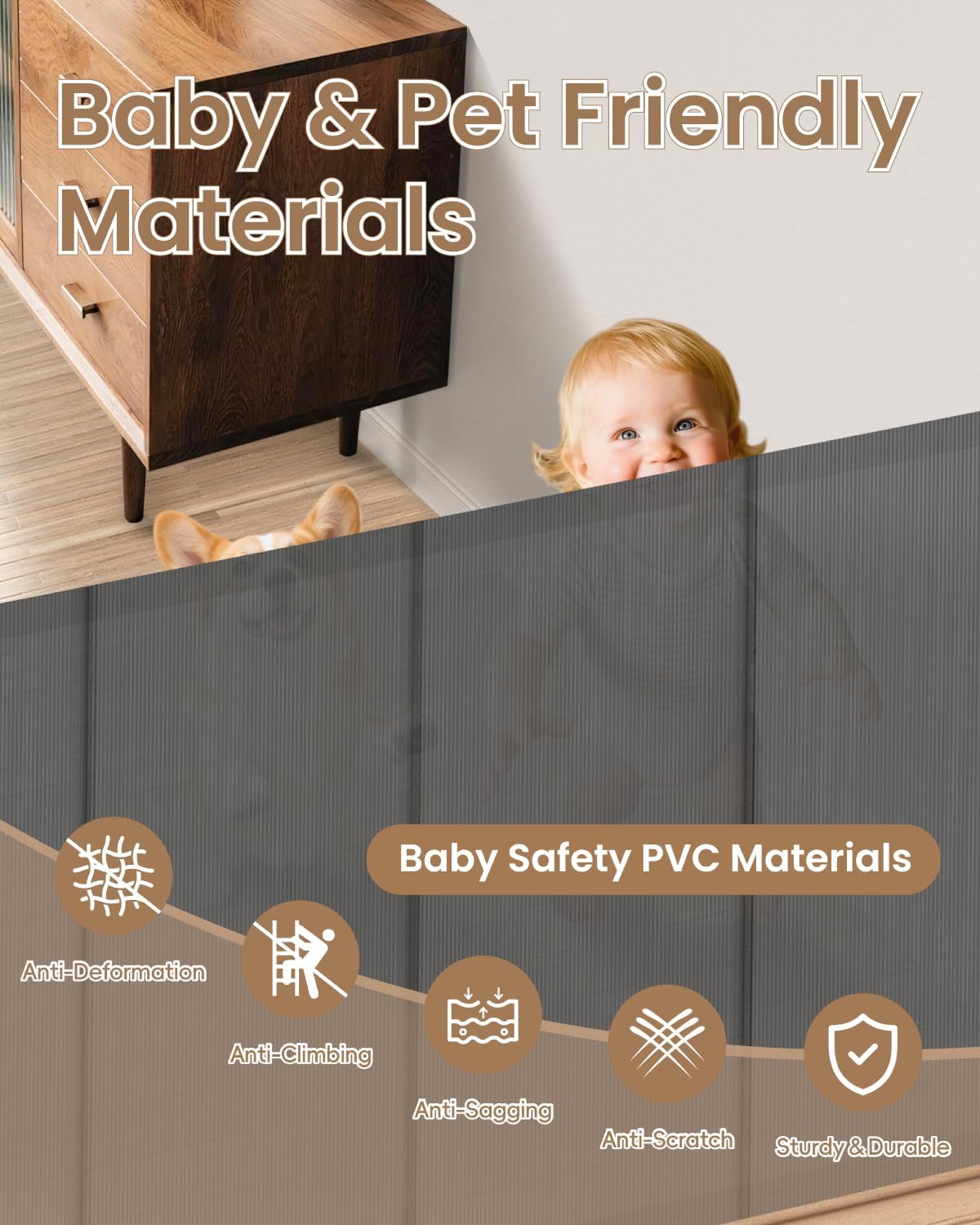 Retractable Baby Gate, 55" Wide Reinforced Mesh Baby Gate with 4 Fiberglass Support Rods for a Tighter Fit, 34" Tall Retractable Dog Gate for Stairways, Hallways and Doorways, Black