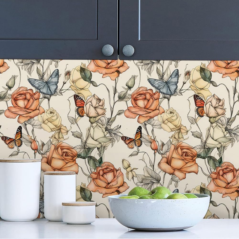 MuralPeel Dark Blue/Yellow Leaf Floral Peel and Stick Wallpaper Vintage Easy Peel Off Self Adhesive Removable Stick on Wall Paper for Kitchen Cabinet Renter Friendly