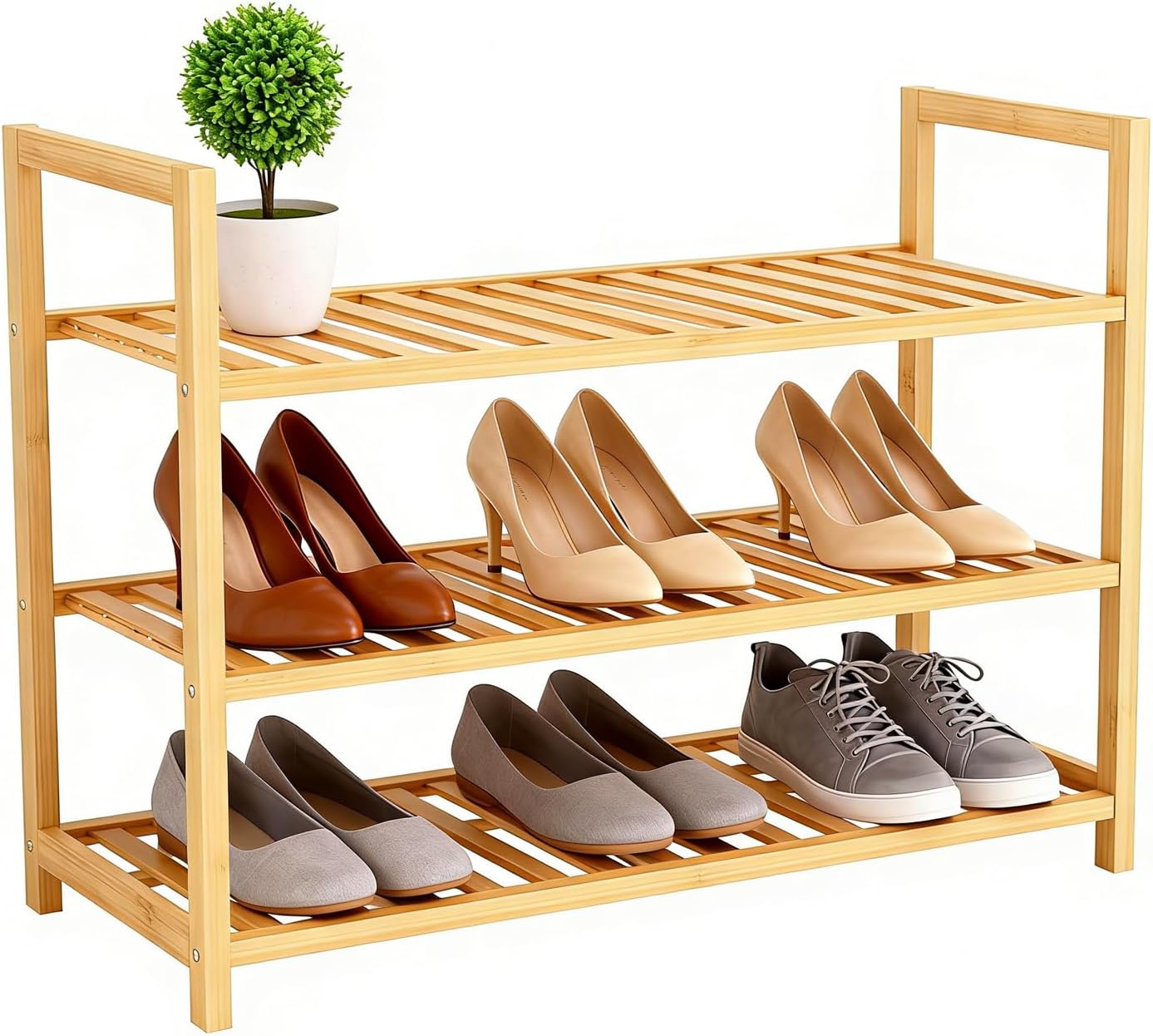 4 Tier Bamboo Wooden Shoe Rack for Closet & Entryway, Free Standing Shoe Rack Stand Organizer Shelf for Garage, Bedroom, Small Space Storage, Stackable
