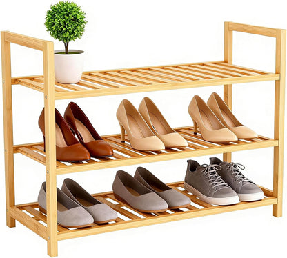 4 Tier Bamboo Wooden Shoe Rack for Closet & Entryway, Free Standing Shoe Rack Stand Organizer Shelf for Garage, Bedroom, Small Space Storage, Stackable