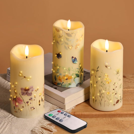 Eywamage Fiber Optic Flameless Pillar Candles with Remote, Floral Butterfly Spring LED Candles Flickering Home Decor Gift Set of 3