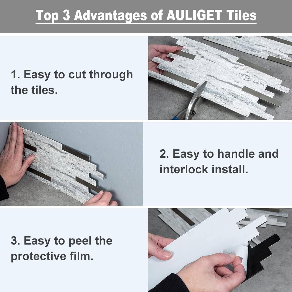 AULIGET 20 Sheets Peel and Stick Backsplash, Black & Grey Wood Look PVC Mixed Metal Stick on Backsplash Tiles for Kitchen