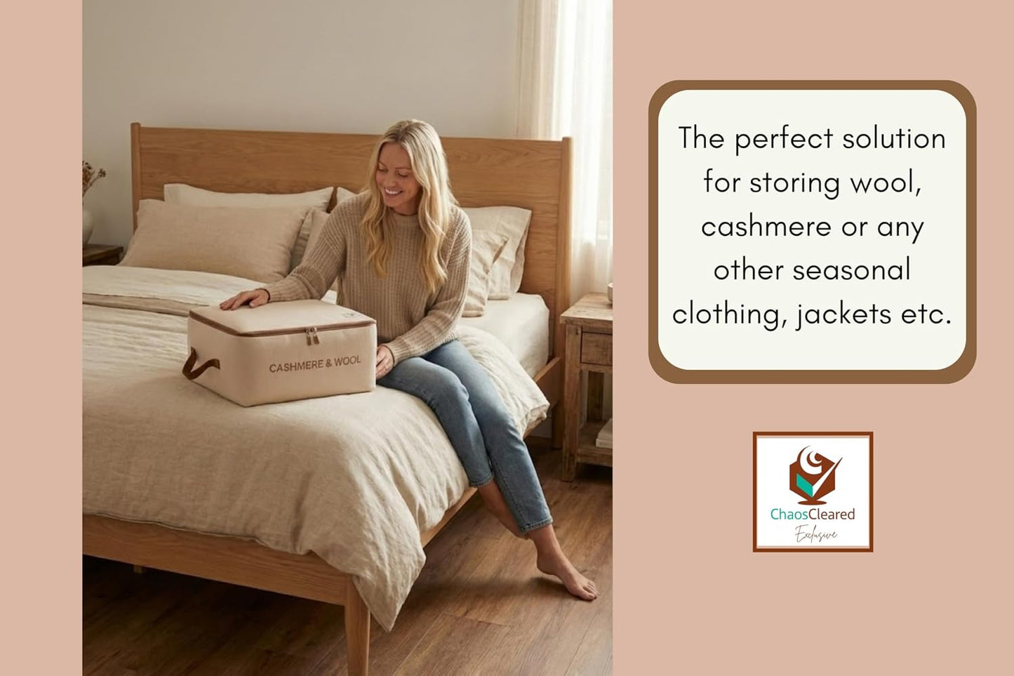 Chaos Cleared Canvas Storage Bags Designer Organizer for Comforters 2 Pack – Seasonal Storage for Pillows, Blankets, Linens & Garments – Foldable Design with Zip & Window, Moth-Proof Space Saver