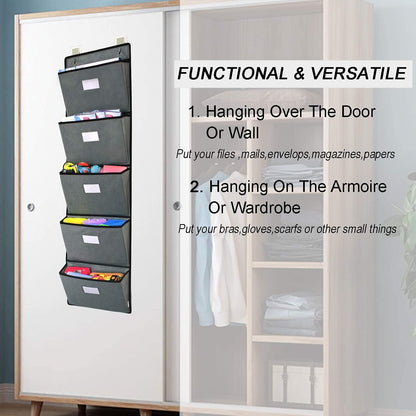 Over the Door Hanging File Organizer 5 Extra Large Pockets Wall Hanging File Folders Organizer Holders,Home Office Supplies Storage Pocket Chart for Paper Mails Planners Notebooks,Gray