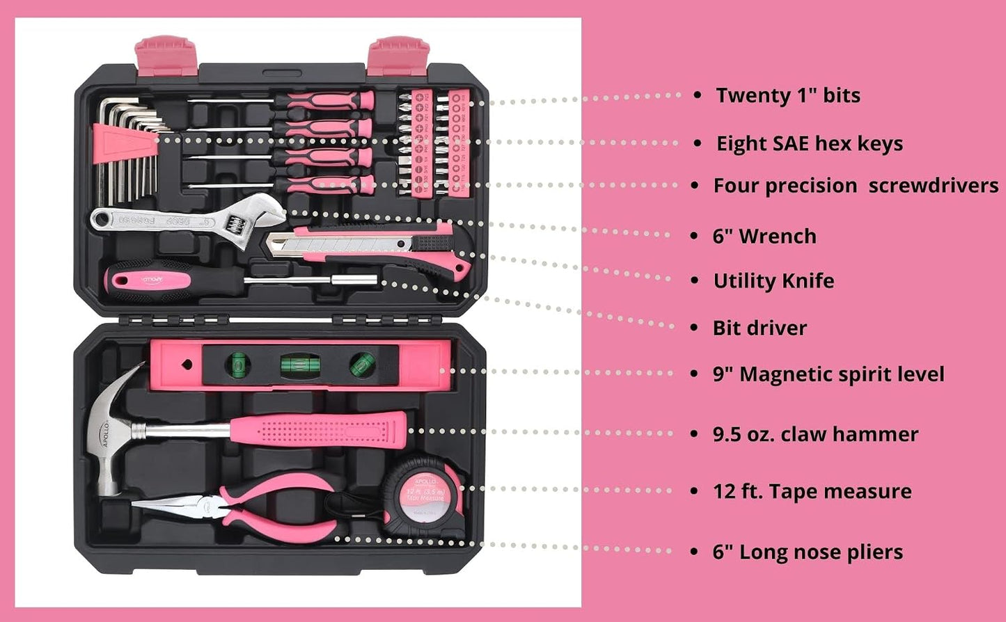 Apollo Tools Original 39 Piece General Household Tool Set in Toolbox Storage Case with Essential Hand Tools for Everyday Home Repairs, DIY and Crafts Red/Black - DT9706